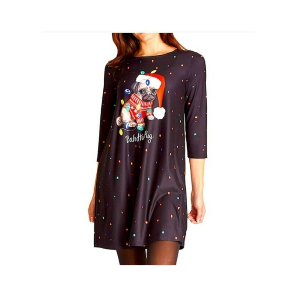 💰3/$25 NWT Dress Works Christmas Swing Dress Dog "Bah Hum Pug" Ugly Christmas M